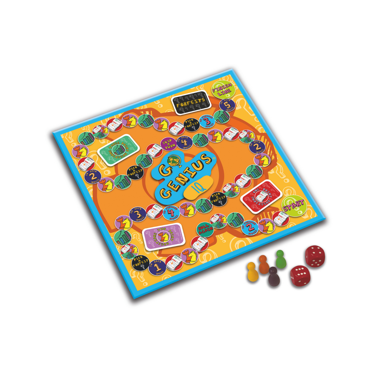 Board game titled 'Genius' with colorful components on a white background