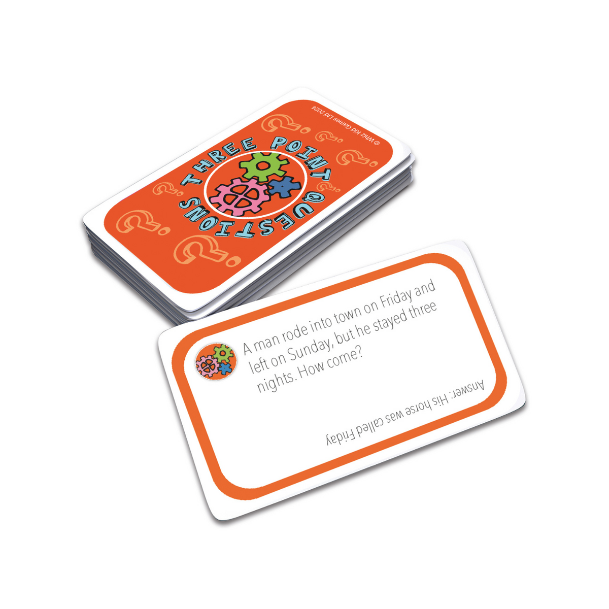 Card game titled 'Three Point Questions' with a question card displayed on a white background
