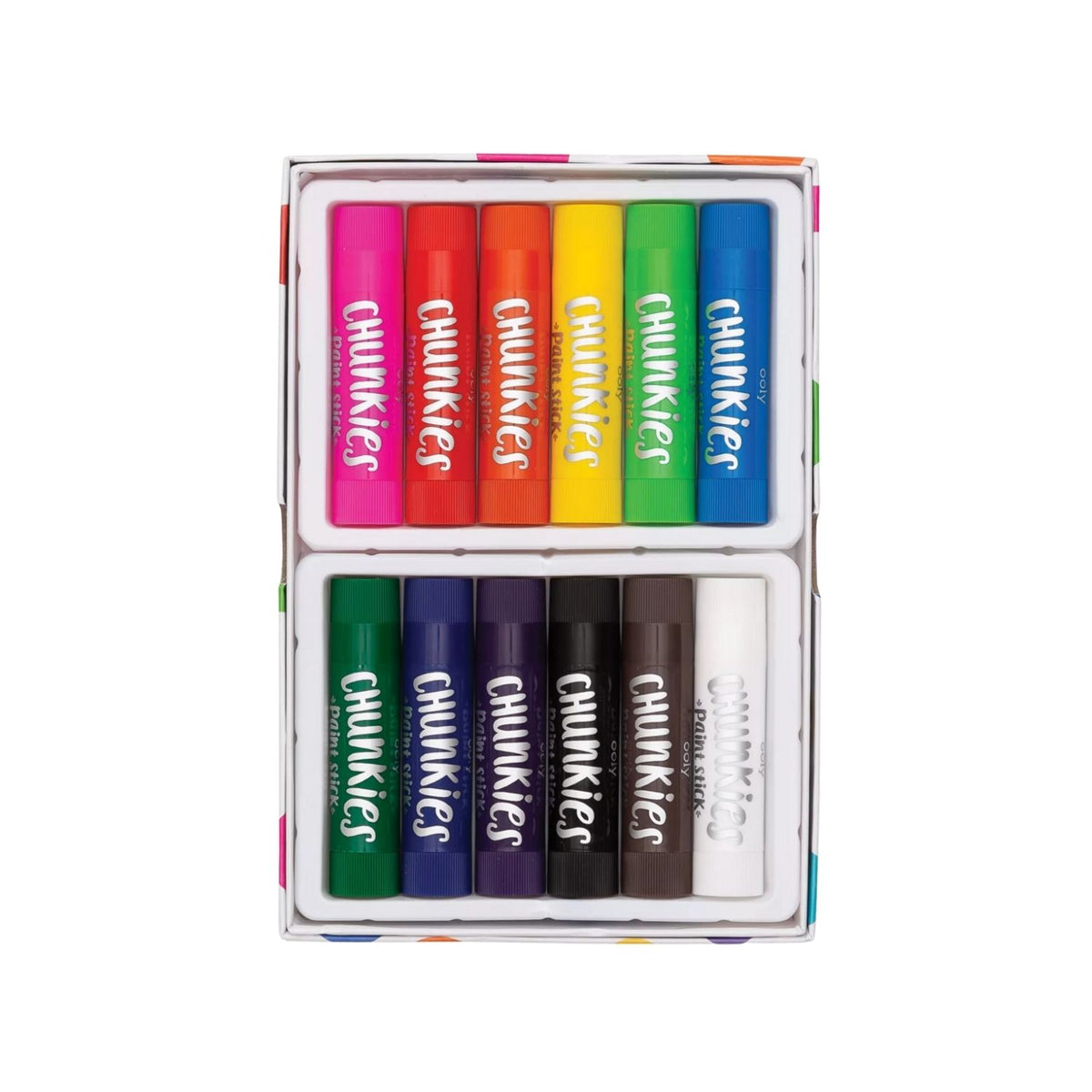 A set of 12 Chunkies Paint Sticks in various colors, packaged in a colorful box with child-friendly design.
