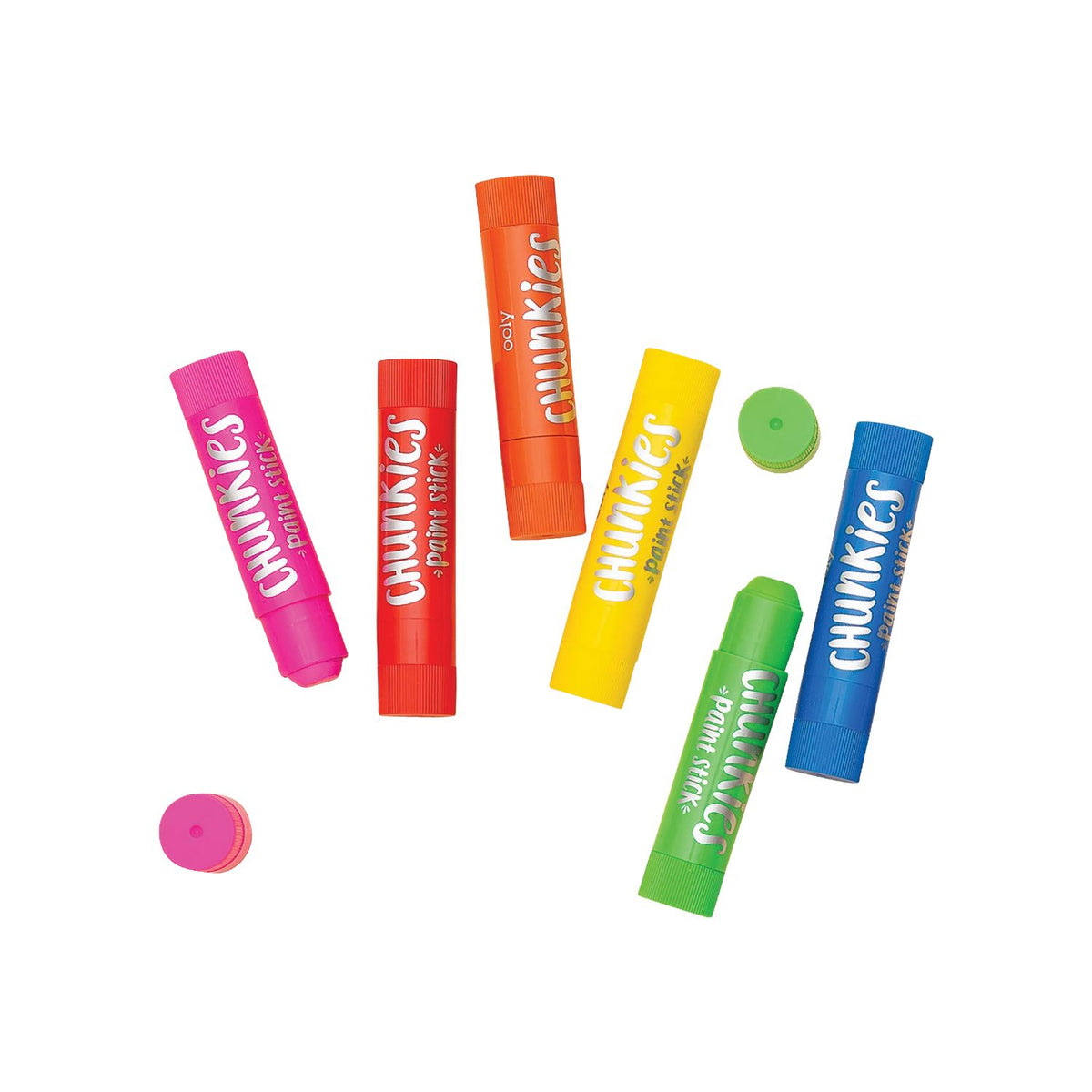 A set of six Chunkies Paint Sticks Classic in various colors, packaged in a box with colorful dots and product information.