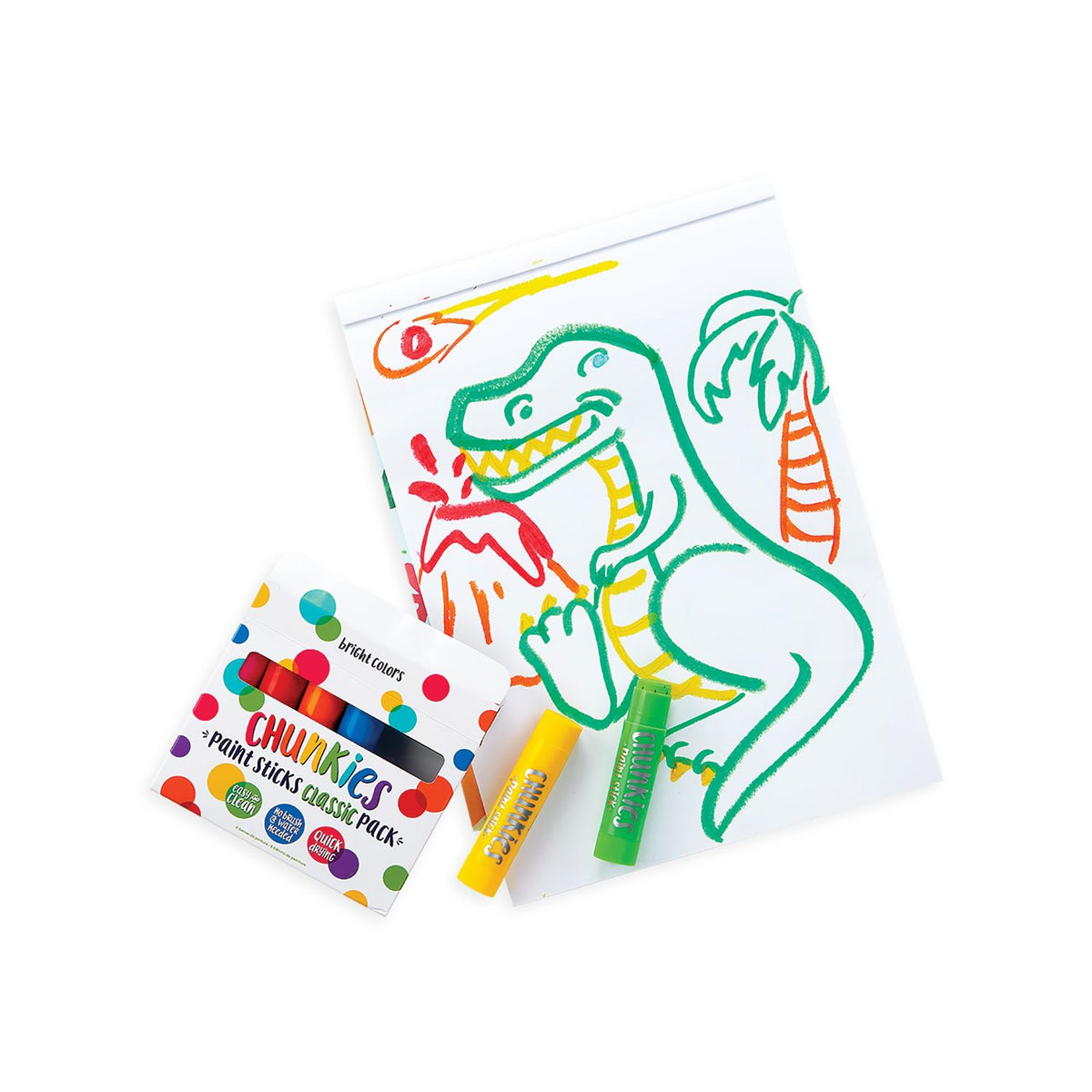A set of six Chunkies Paint Sticks Classic in various colors, packaged in a box with colorful dots and product information.