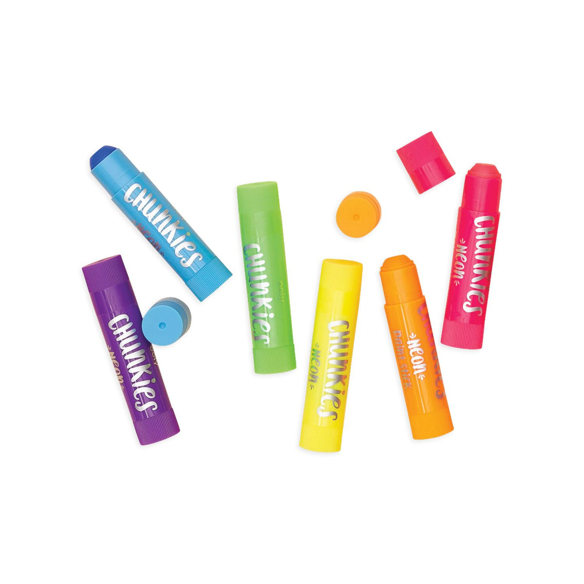 A pack of six Chunkies Paint Sticks in neon colors, with no brush or water needed for use. The packaging is colorful with polka dots and the product name is prominently displayed.