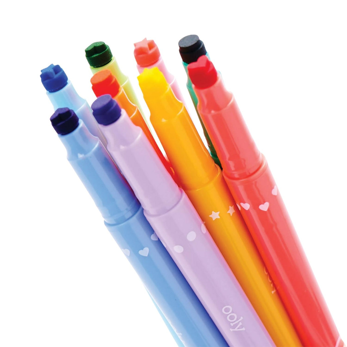 A set of 9 double-ended markers with fine felt tips and multi-shaped stamp ends, including dots, heart, and stars. The markers are displayed in a variety of colors and come in packaging designed for retail sale.