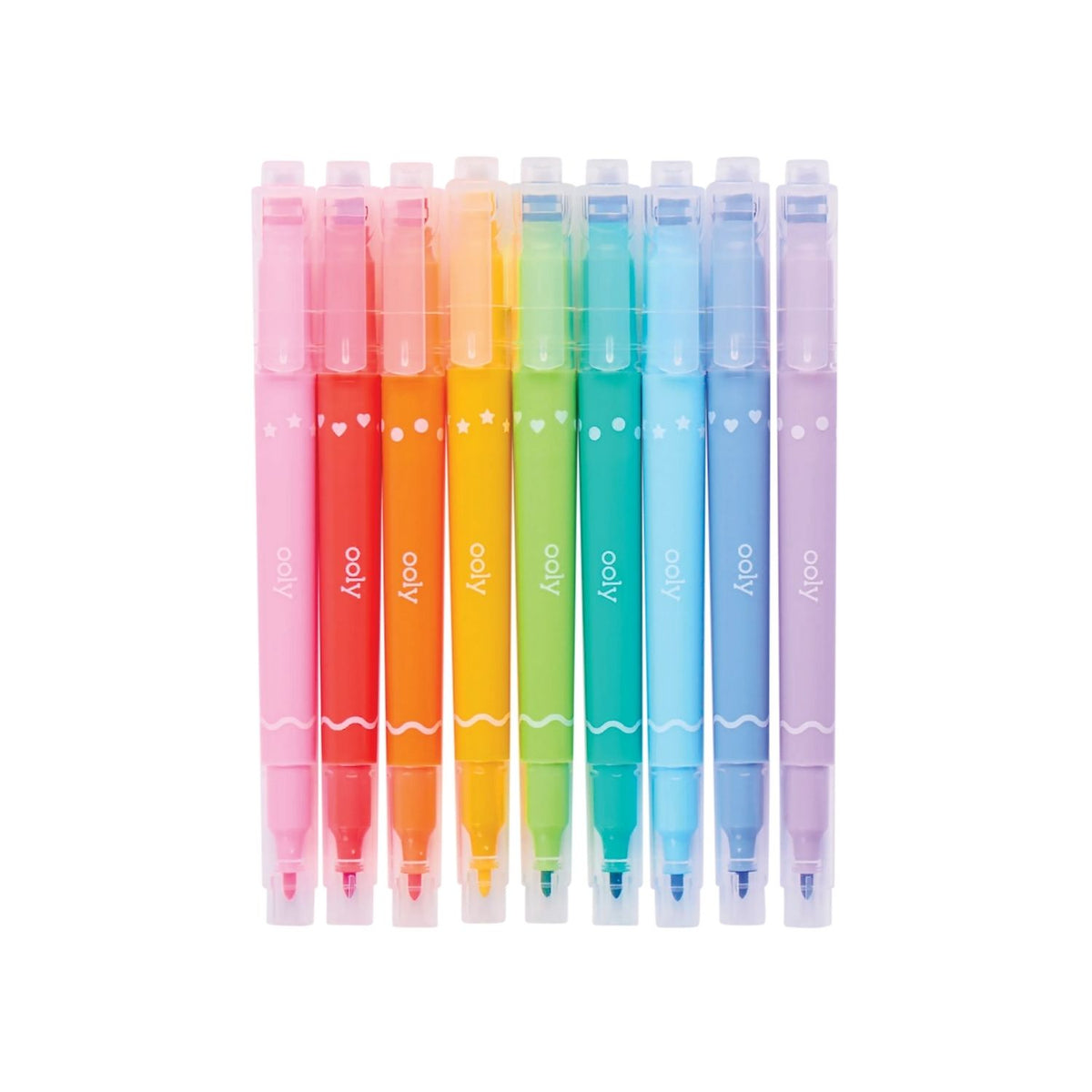 A set of 9 double-ended markers with fine felt tips and multi-shaped stamp ends, including dots, heart, and stars. The markers are displayed in a variety of colors and come in packaging designed for retail sale.