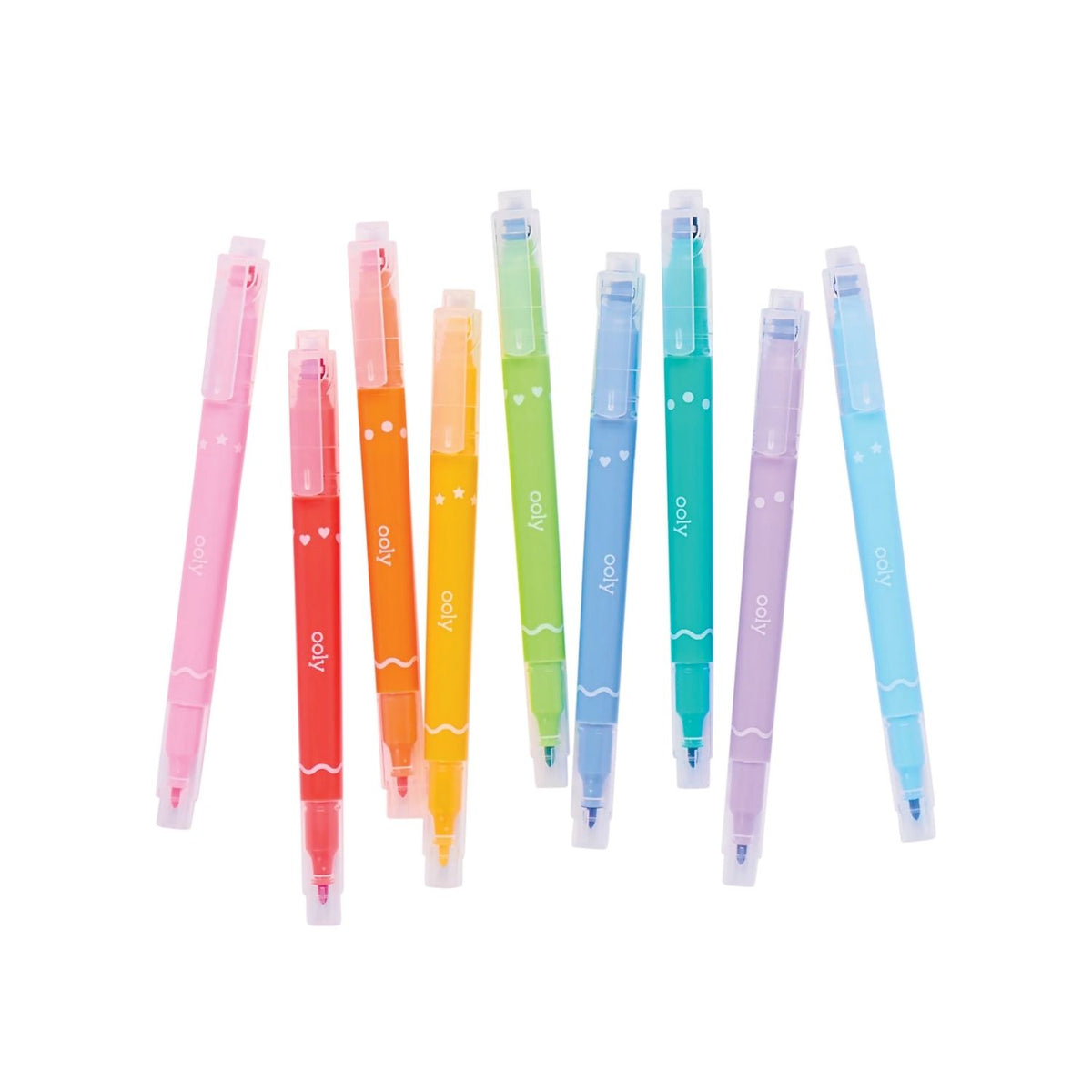 A set of 9 double-ended markers with fine felt tips and multi-shaped stamp ends, including dots, heart, and stars. The markers are displayed in a variety of colors and come in packaging designed for retail sale.