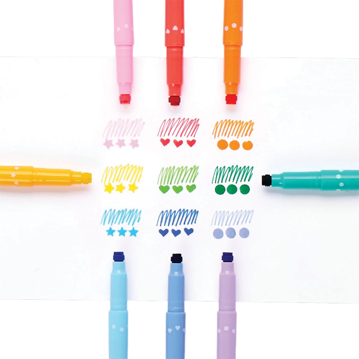 A set of 9 double-ended markers with fine felt tips and multi-shaped stamp ends, including dots, heart, and stars. The markers are displayed in a variety of colors and come in packaging designed for retail sale.
