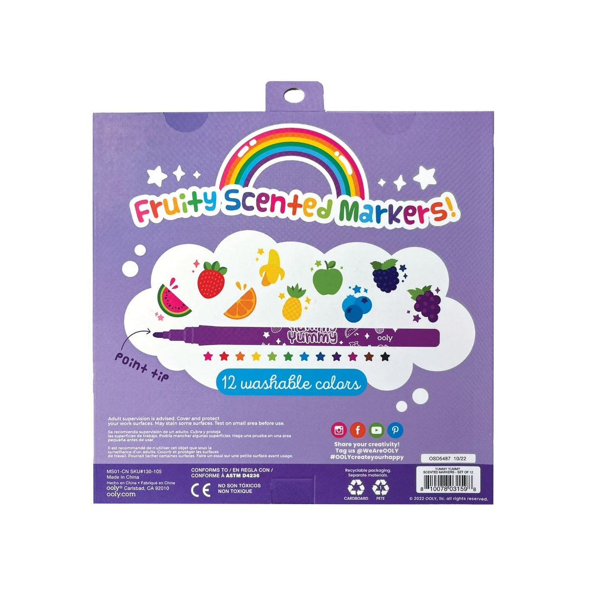 A set of 12 Yummy Yummy scented markers by ooly, with pointed tips and a variety of colors, including black, red, orange, yellow, green, blue, and purple, packaged in a clear plastic case with a colorful label.