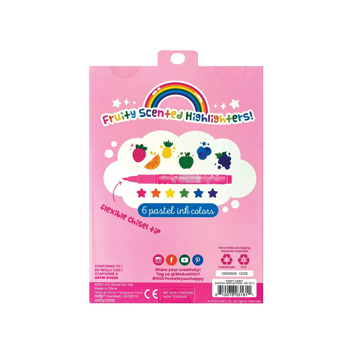 A pack of six Yummy Yummy scented highlighters in pastel colors, sealed in transparent packaging with a label showing the brand and product name.