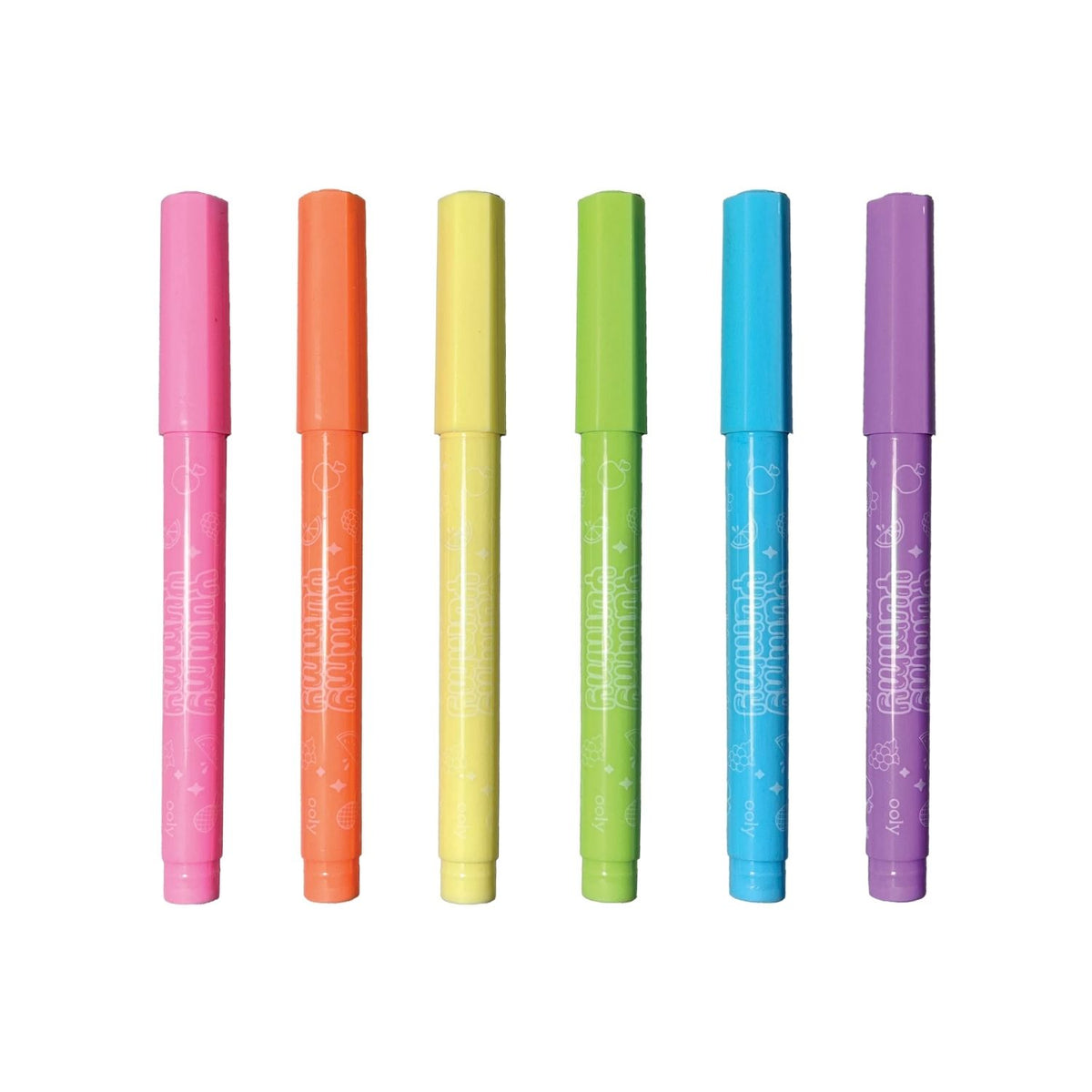 A pack of six Yummy Yummy scented highlighters in pastel colors, sealed in transparent packaging with a label showing the brand and product name.