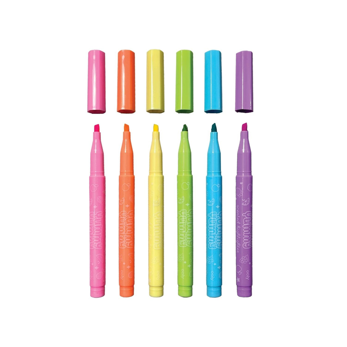 A pack of six Yummy Yummy scented highlighters in pastel colors, sealed in transparent packaging with a label showing the brand and product name.