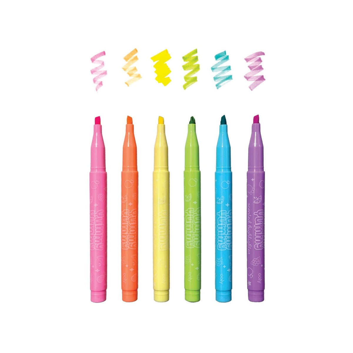 A pack of six Yummy Yummy scented highlighters in pastel colors, sealed in transparent packaging with a label showing the brand and product name.