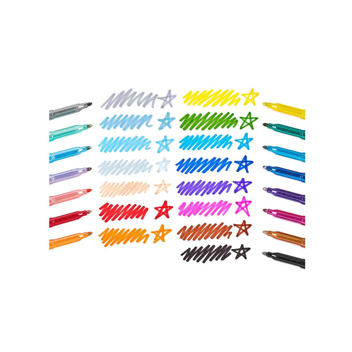 A set of 15 rainbow sparkle glitter markers in various colors, with branding and product information displayed on the packaging.