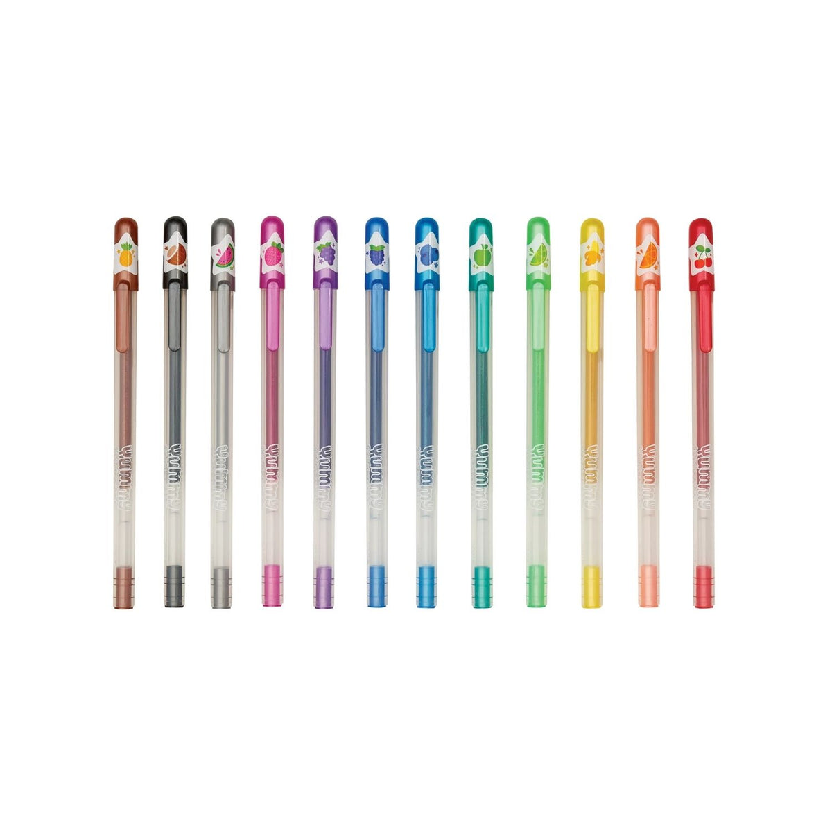 A pack of 12 Yummy Yummy scented glitter gel pens in various colors, displayed in a clear box with a colorful rainbow design and stars.