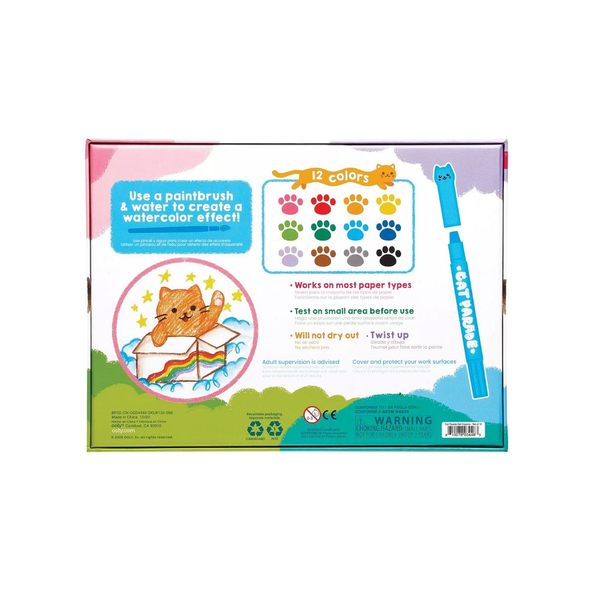 A set of 12 Cat Parade twist-up watercolor gel crayons in various colors, displayed in packaging with a colorful design and cat faces.