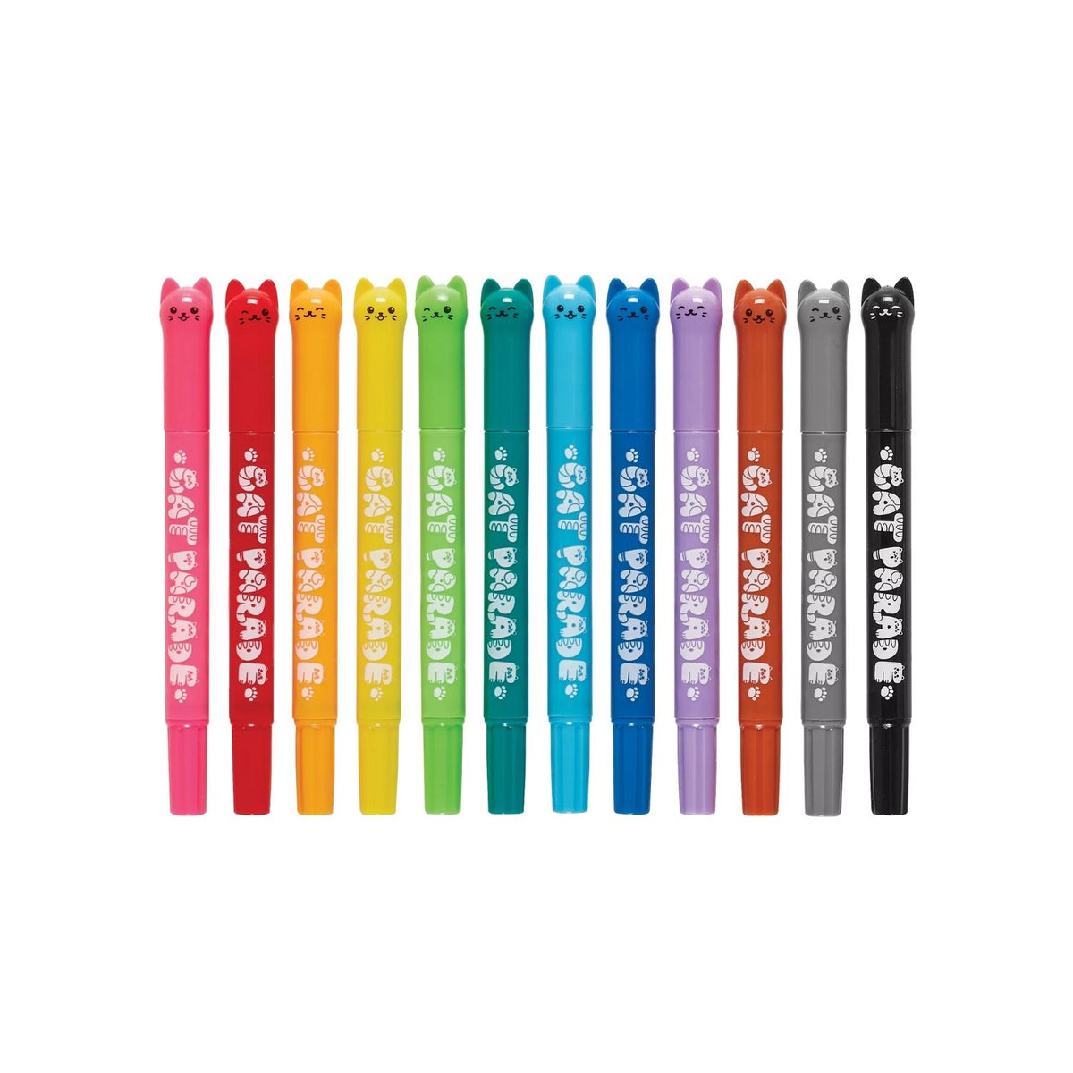 A set of 12 Cat Parade twist-up watercolor gel crayons in various colors, displayed in packaging with a colorful design and cat faces.