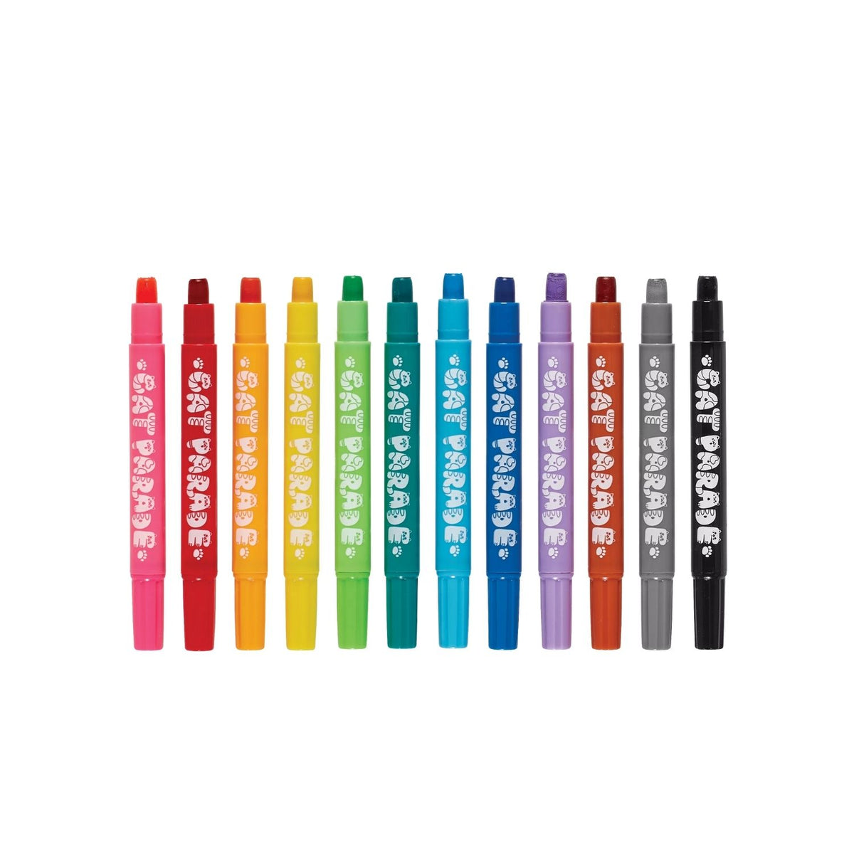 A set of 12 Cat Parade twist-up watercolor gel crayons in various colors, displayed in packaging with a colorful design and cat faces.