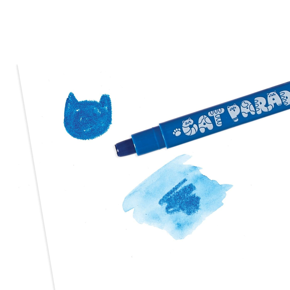 A set of 12 Cat Parade twist-up watercolor gel crayons in various colors, displayed in packaging with a colorful design and cat faces.