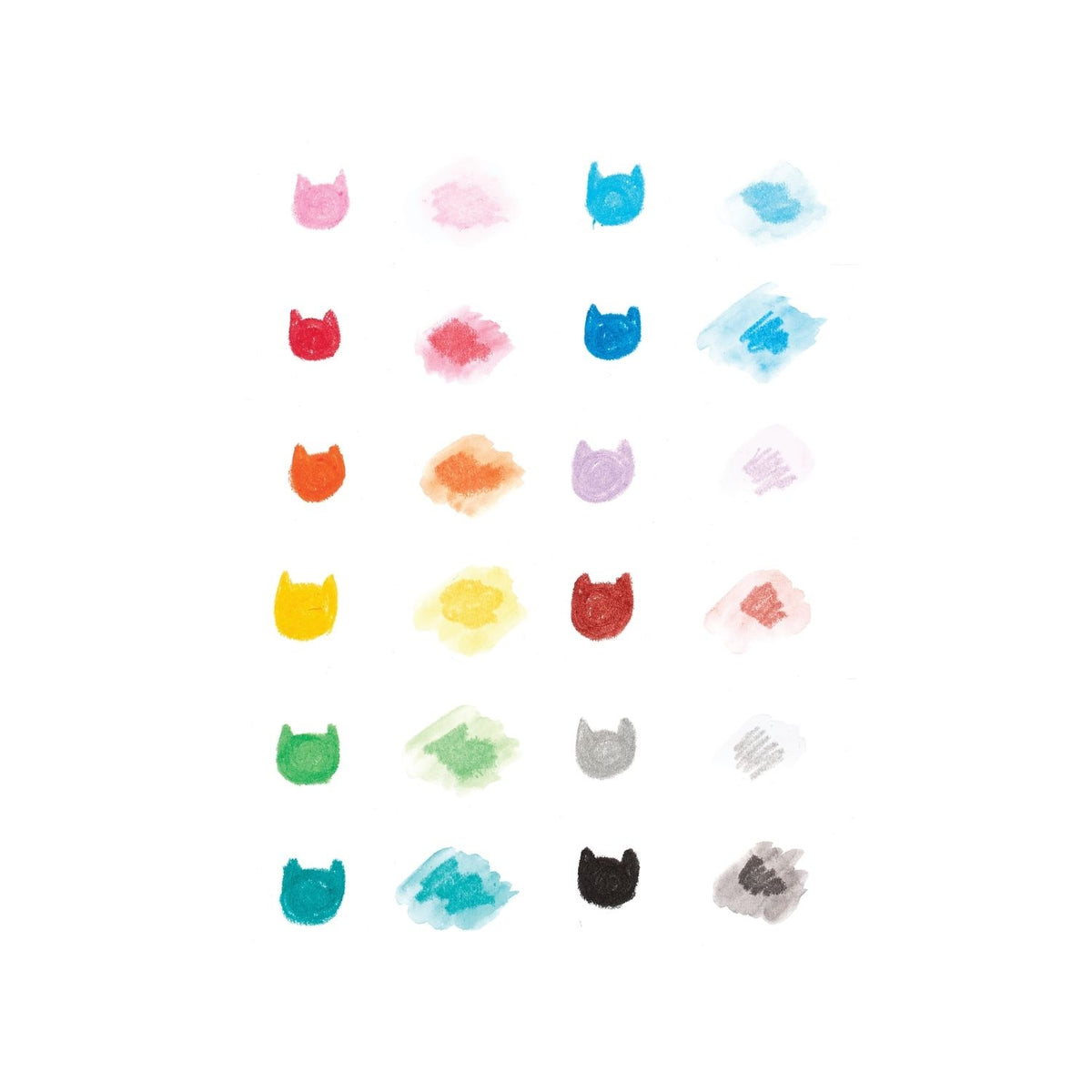 A set of 12 Cat Parade twist-up watercolor gel crayons in various colors, displayed in packaging with a colorful design and cat faces.