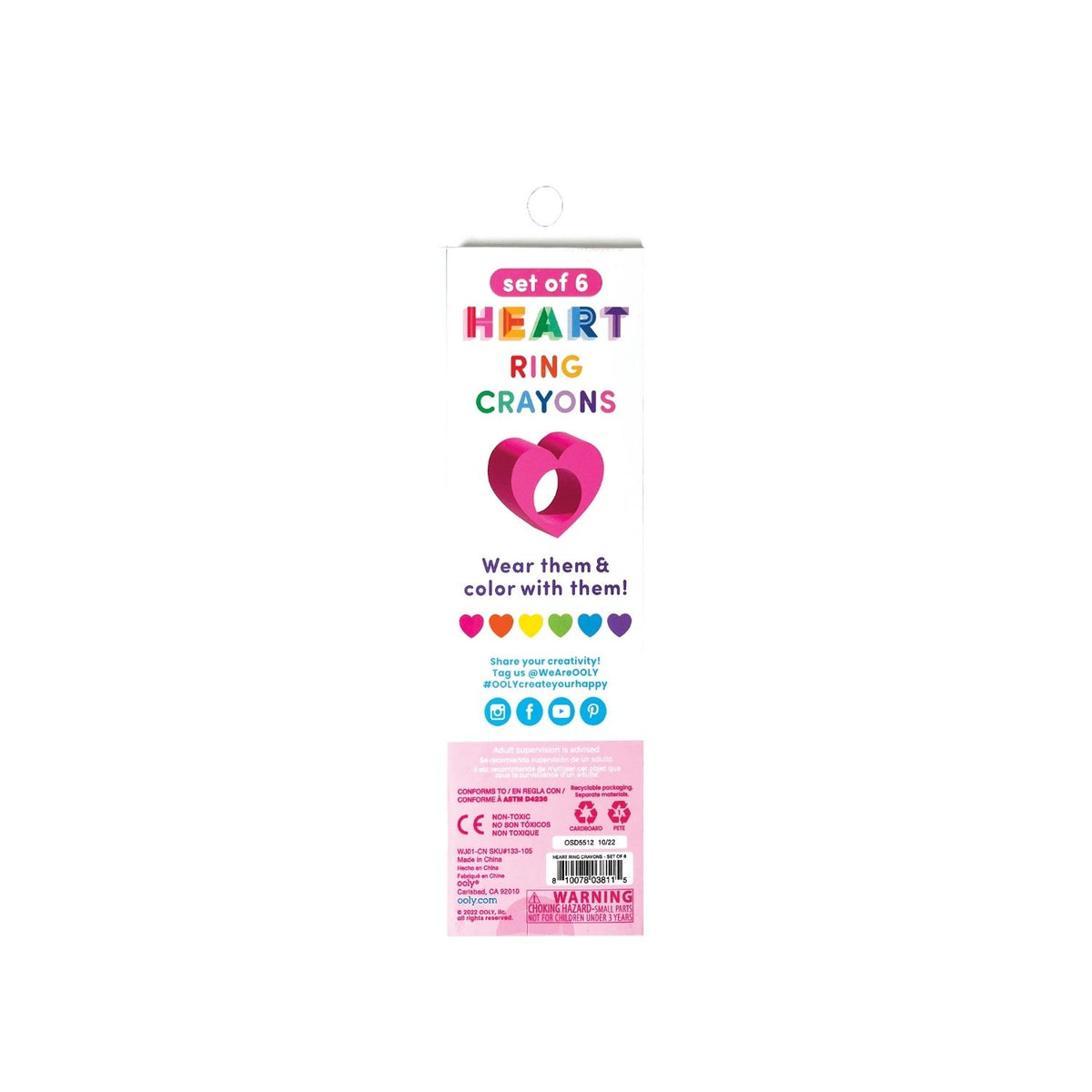 A pack of six heart-shaped ring crayons in rainbow colors, displayed in a clear plastic packaging with a multicolored design at the top.