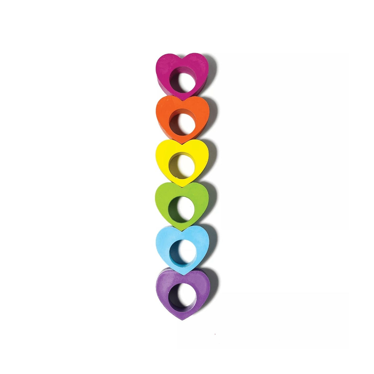 A pack of six heart-shaped ring crayons in rainbow colors, displayed in a clear plastic packaging with a multicolored design at the top.