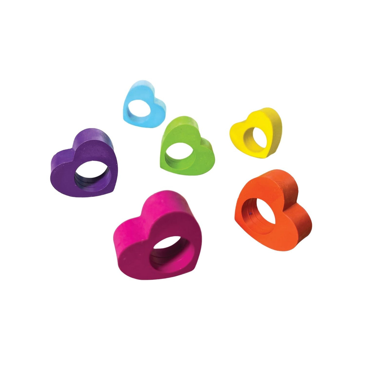 A pack of six heart-shaped ring crayons in rainbow colors, displayed in a clear plastic packaging with a multicolored design at the top.