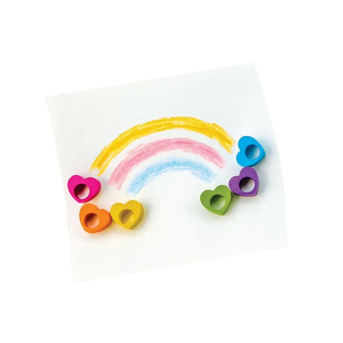 A pack of six heart-shaped ring crayons in rainbow colors, displayed in a clear plastic packaging with a multicolored design at the top.