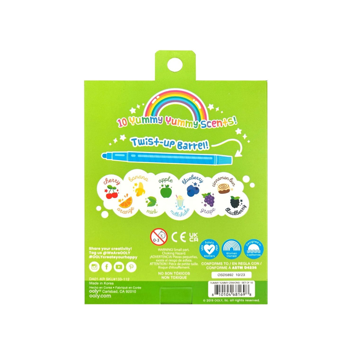 Packaging of &#39;Yummy Yummy&#39; scented twist-up crayons showing 10 colorful crayons in a rainbow arrangement with the brand name &#39;ooly&#39; visible at the top.