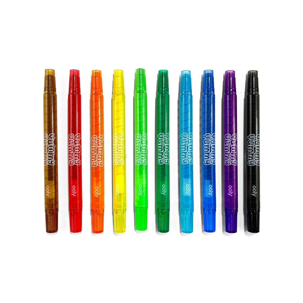 Packaging of &#39;Yummy Yummy&#39; scented twist-up crayons showing 10 colorful crayons in a rainbow arrangement with the brand name &#39;ooly&#39; visible at the top.