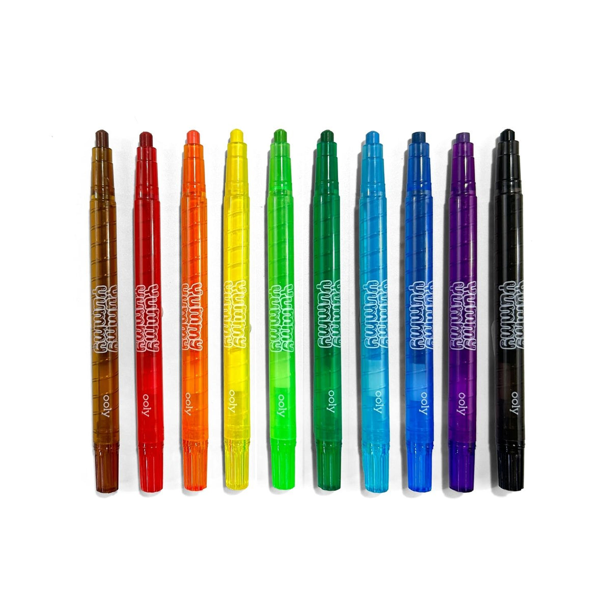 Packaging of &#39;Yummy Yummy&#39; scented twist-up crayons showing 10 colorful crayons in a rainbow arrangement with the brand name &#39;ooly&#39; visible at the top.