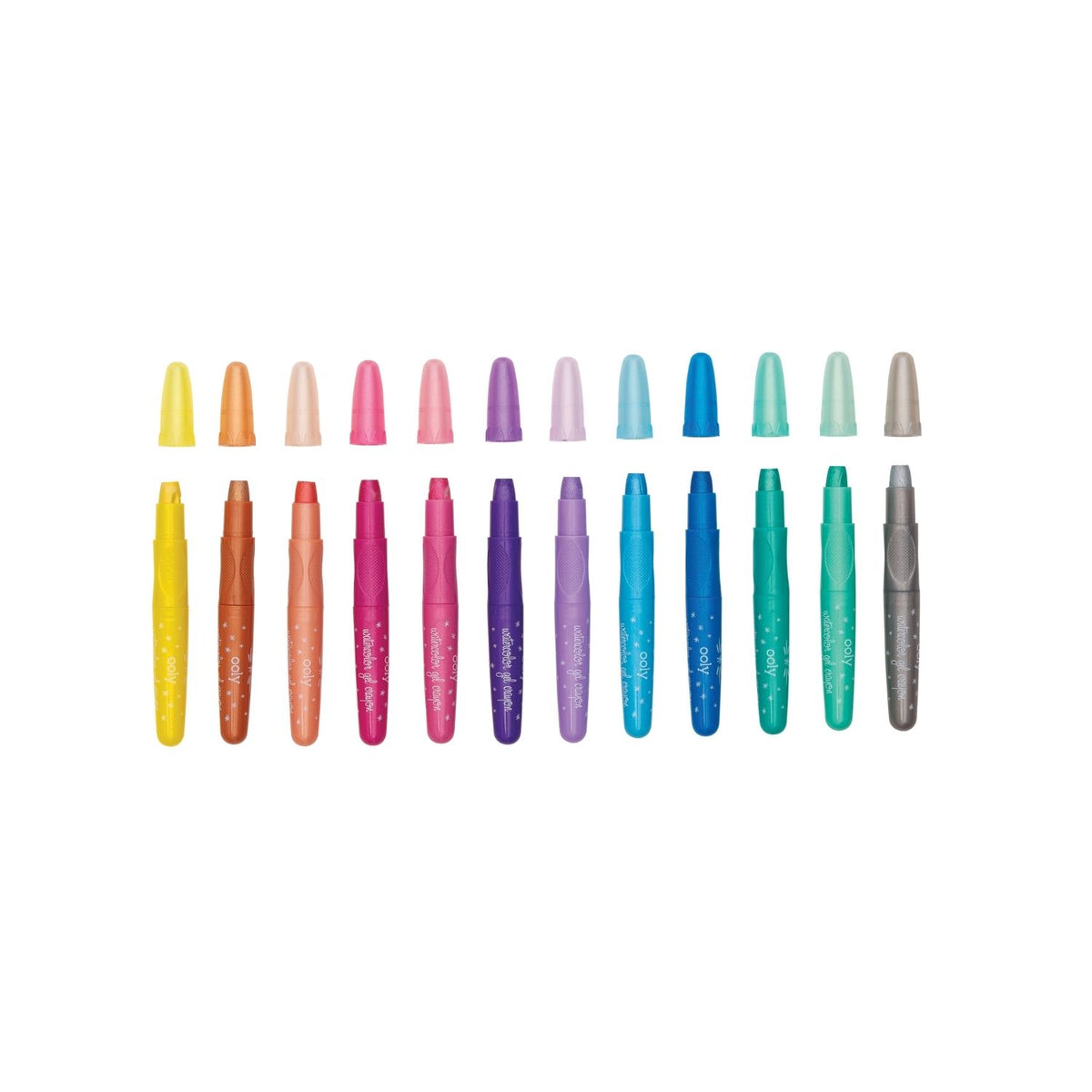 A set of 12 rainbow sparkle watercolour gel crayons by ooly, with each crayon featuring a metallic color. The packaging displays the crayons in a row with a label indicating the product is washable and has a twist-up mechanism.