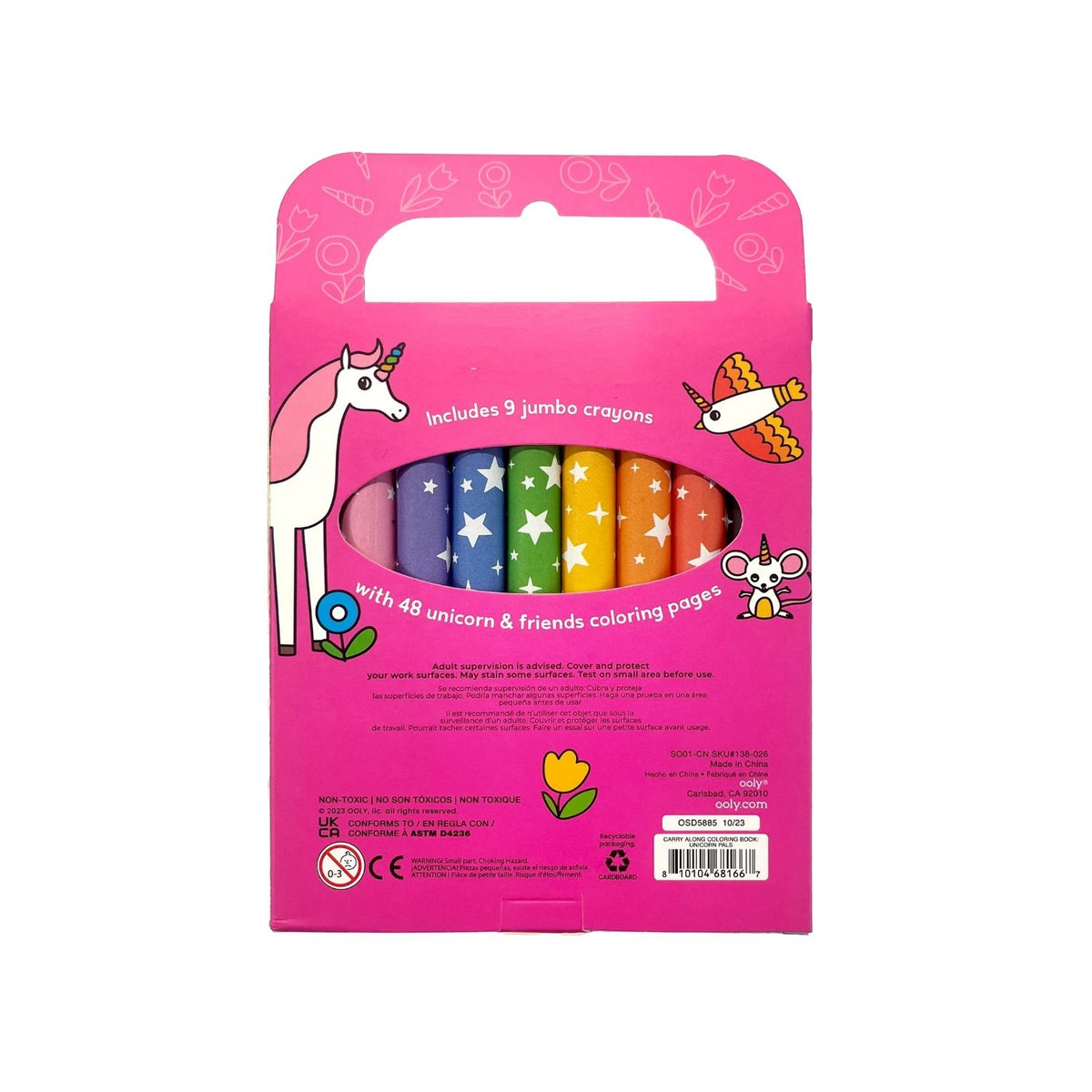 A carry along coloring book and crayon set for kids, with a theme of unicorn pals. The packaging shows illustrations of unicorns and a crayon box with a handle.