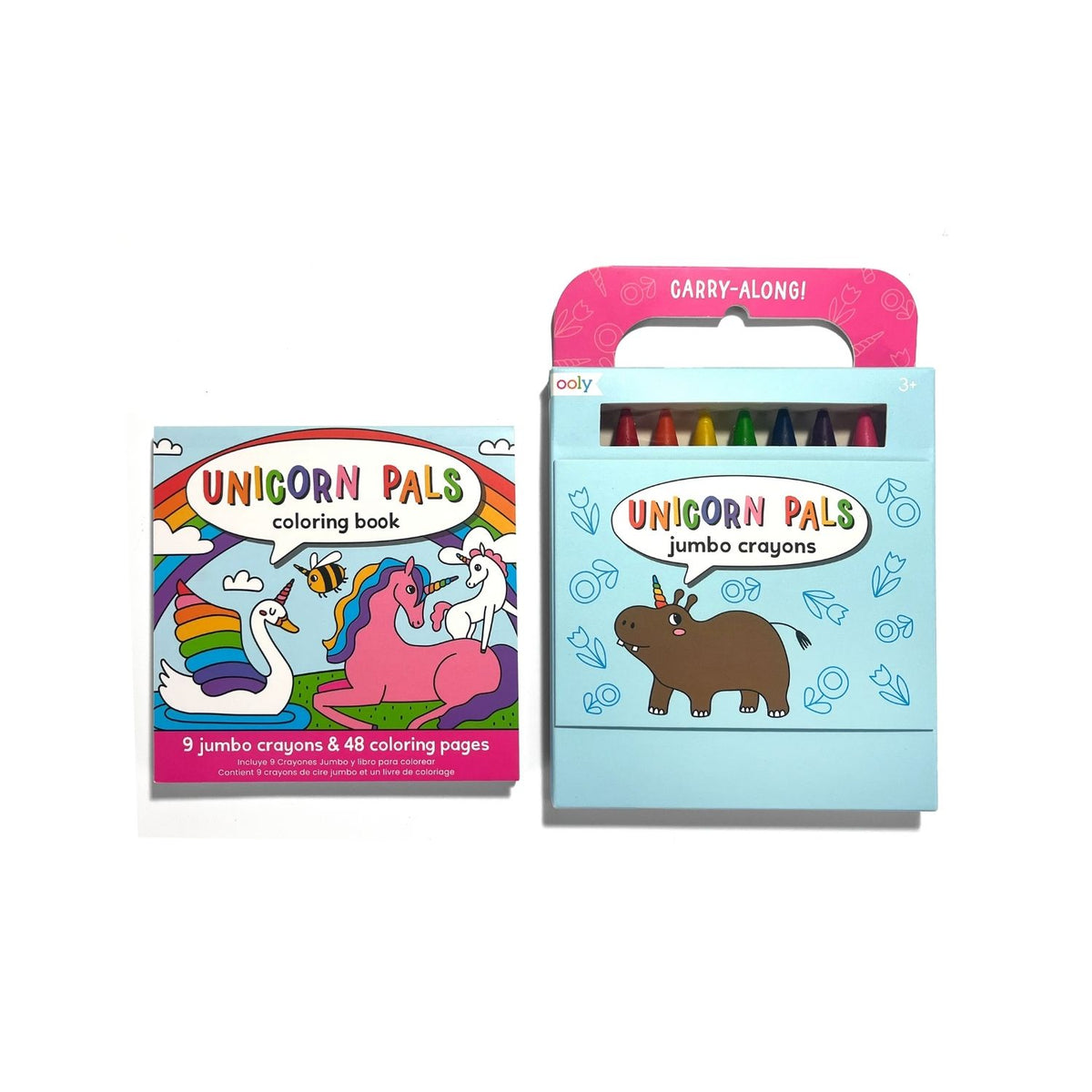 A carry along coloring book and crayon set for kids, with a theme of unicorn pals. The packaging shows illustrations of unicorns and a crayon box with a handle.