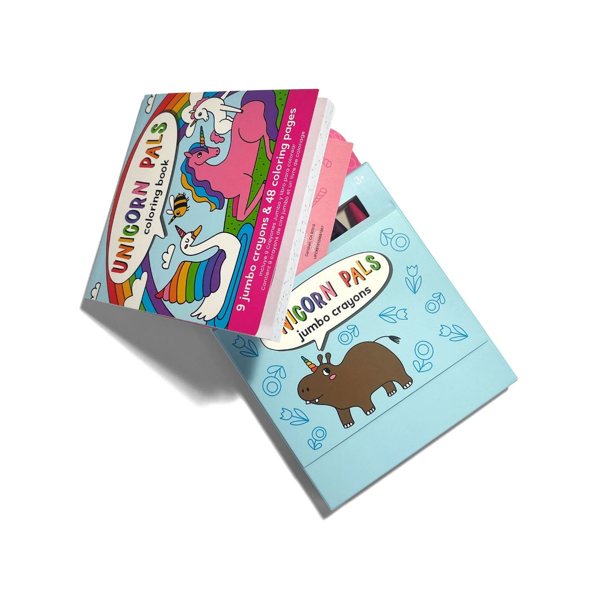 A carry along coloring book and crayon set for kids, with a theme of unicorn pals. The packaging shows illustrations of unicorns and a crayon box with a handle.