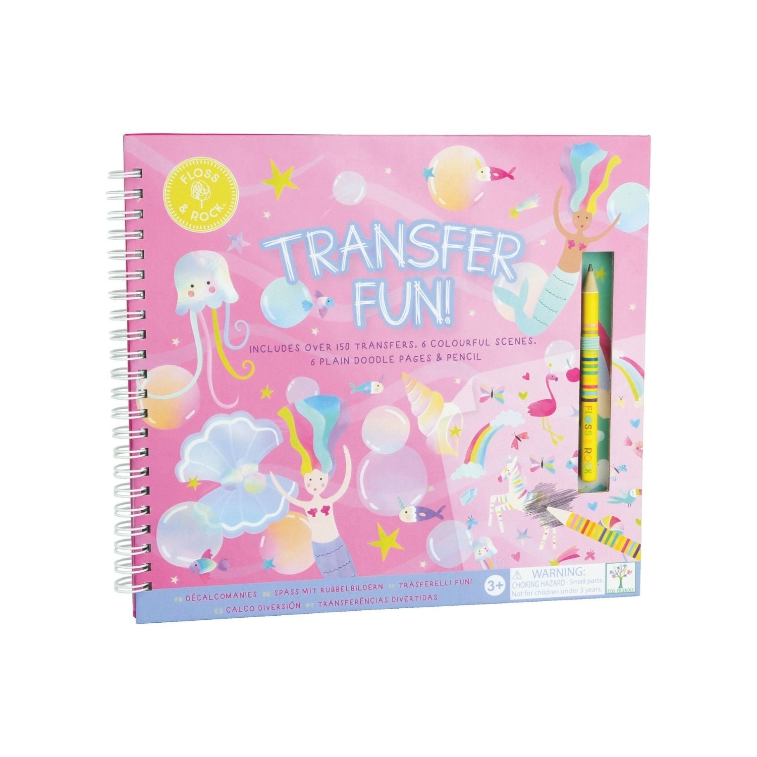 A spiral-bound book titled 'TRANSFER FUN' with colorful illustrations and a pencil included in the binding.