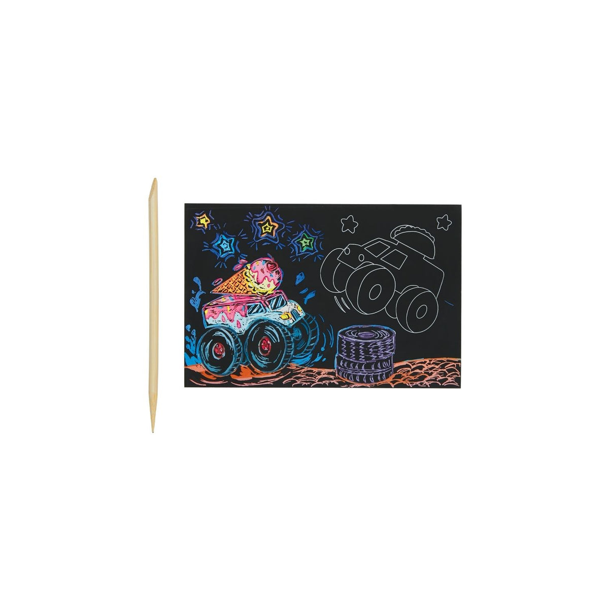 Packaging for a Mini Scratch &amp; Scribble Art Kit featuring a colorful monster truck design.