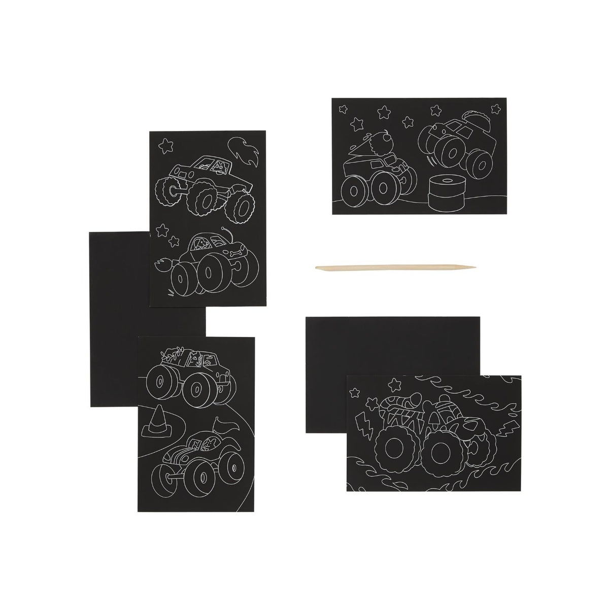 Packaging for a Mini Scratch &amp; Scribble Art Kit featuring a colorful monster truck design.