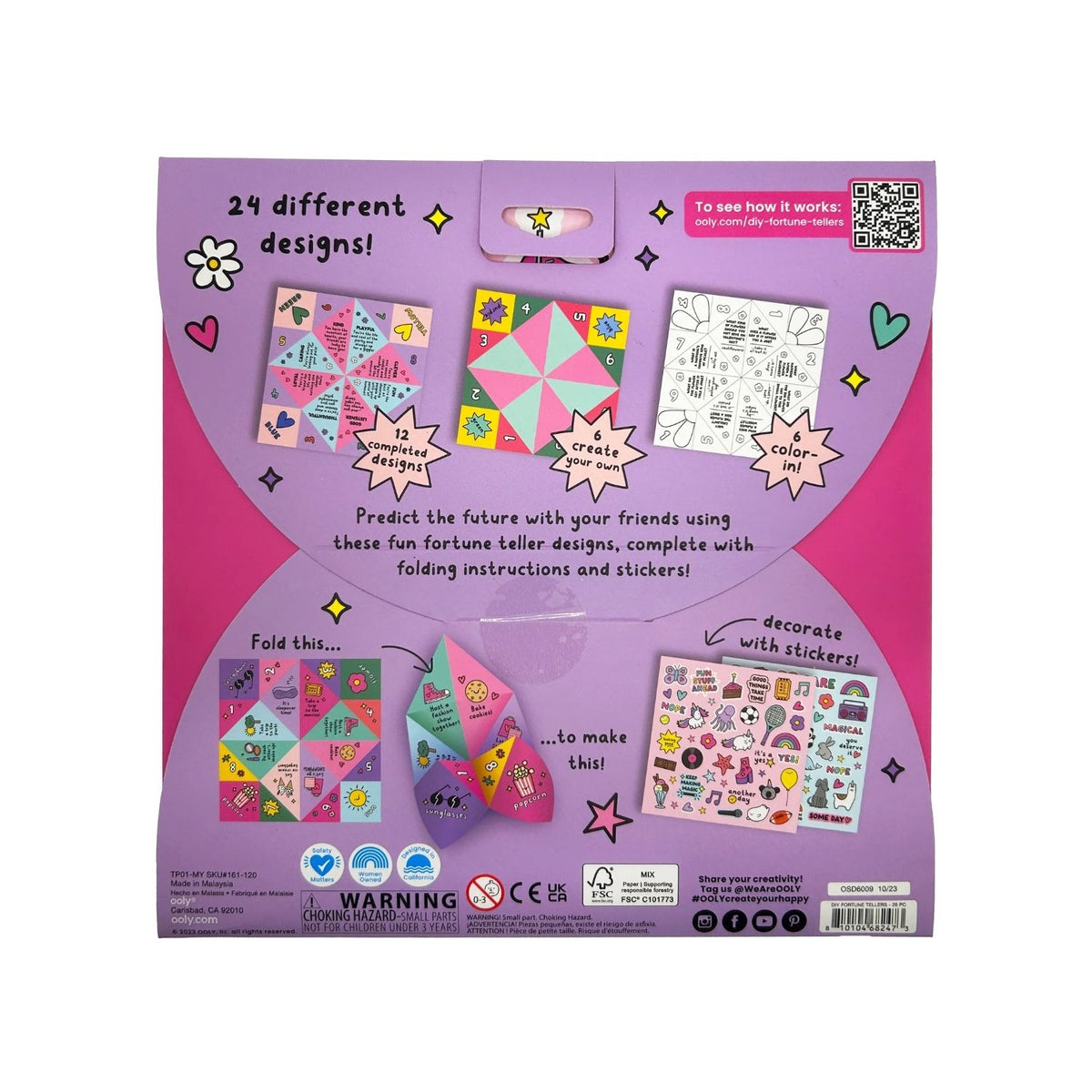 back of Packaging for DIY Fortune Tellers Activity Kit with illustrations of colorful paper fortune tellers and text detailing the contents of the kit.