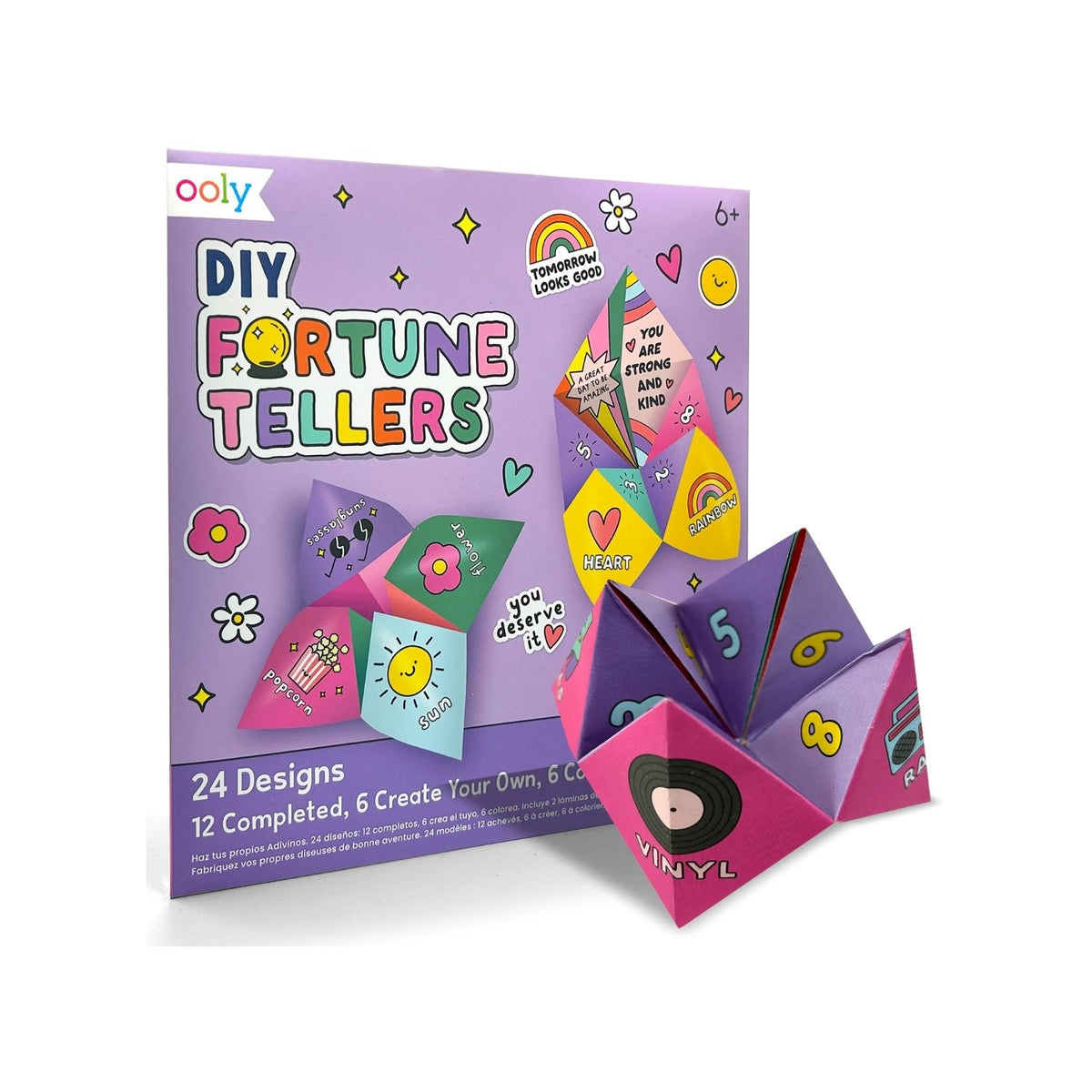 Packaging for DIY Fortune Tellers Activity Kit with illustrations of colorful paper fortune tellers and text detailing the contents of the kit.