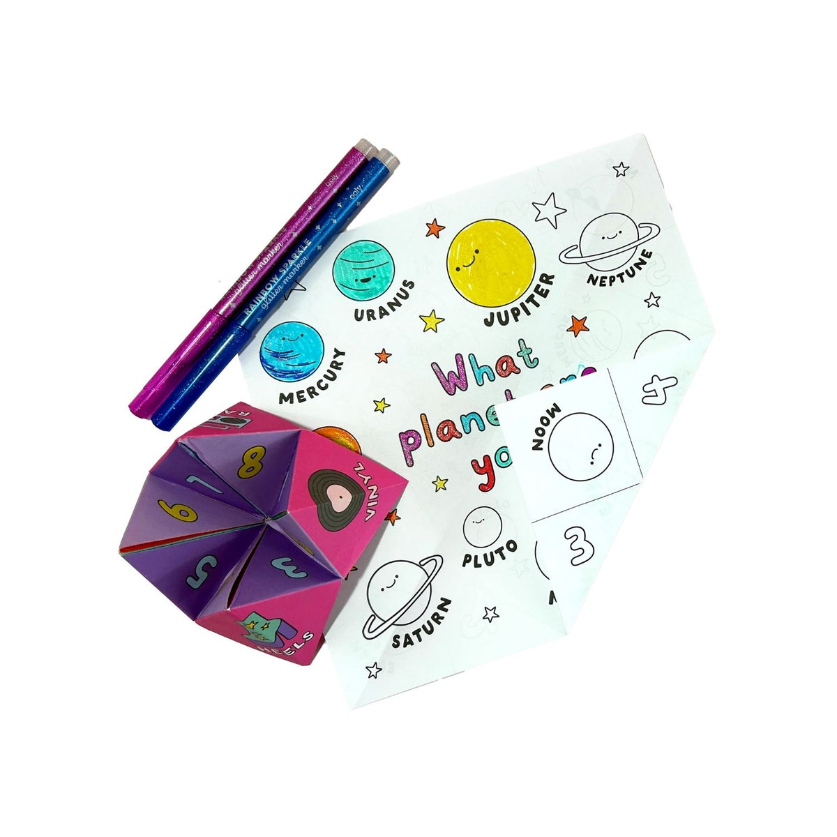 Contents of DIY Fortune Tellers Activity Kit with illustrations of colorful paper fortune tellers 
