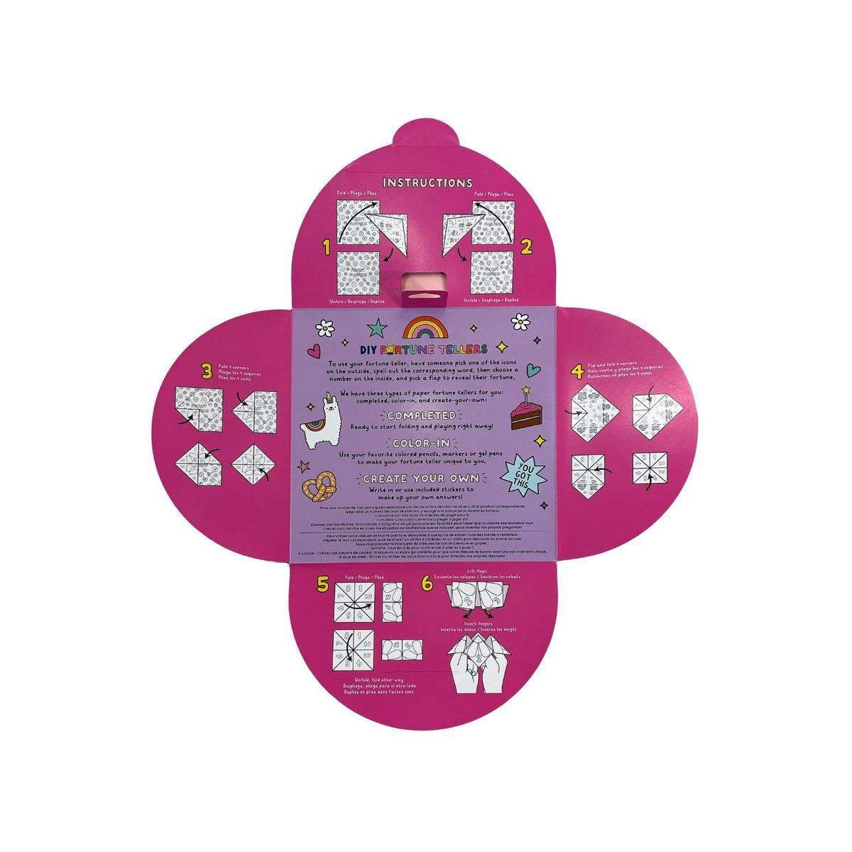 Inside of  DIY Fortune Tellers Activity Kit with illustrations of colorful paper fortune tellers 