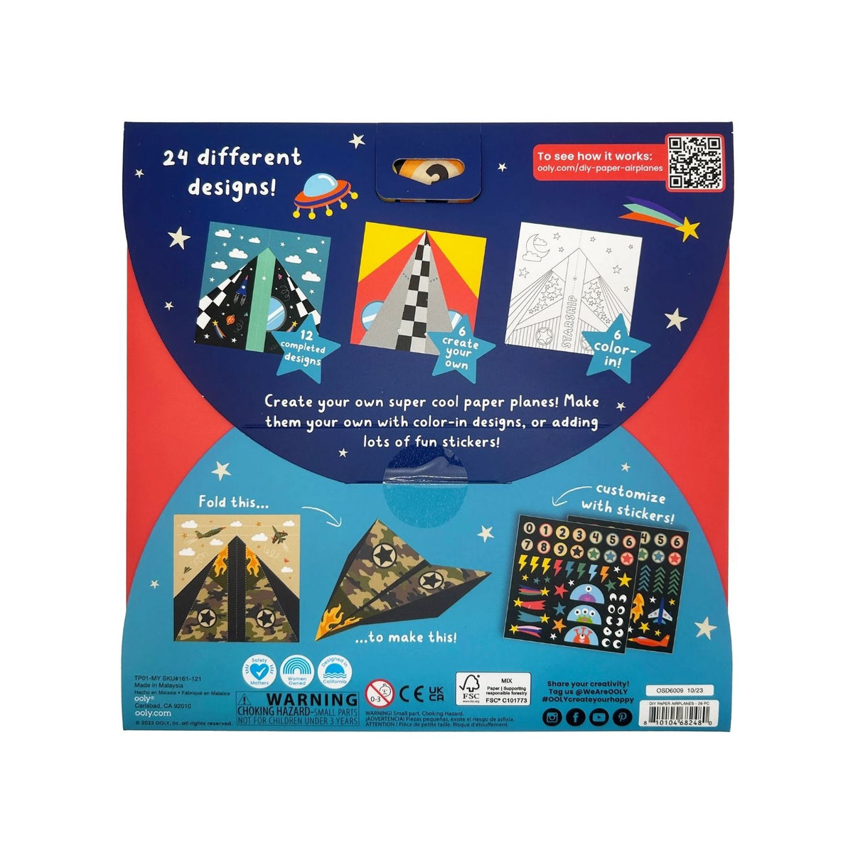 Packaging for DIY Paper Airplanes Activity Kit with illustrations of various colored paper airplanes and space-themed decorations.