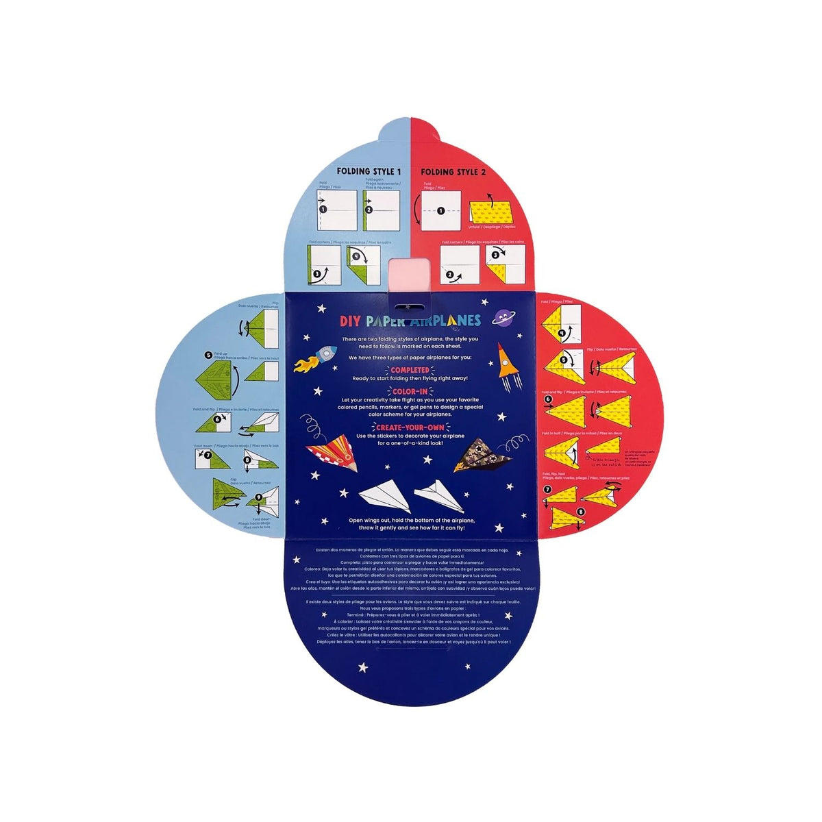 Packaging for DIY Paper Airplanes Activity Kit with illustrations of various colored paper airplanes and space-themed decorations.