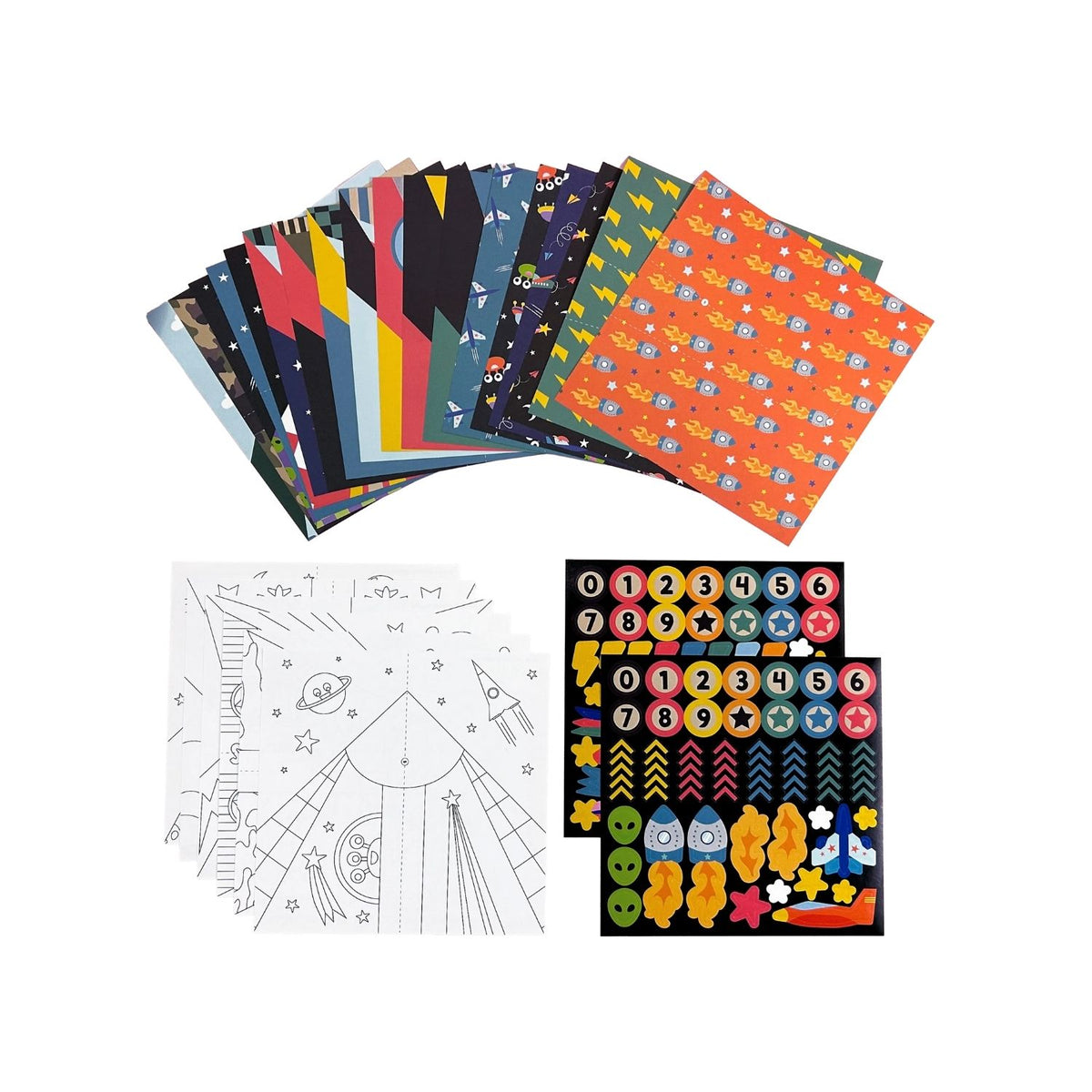 Packaging for DIY Paper Airplanes Activity Kit with illustrations of various colored paper airplanes and space-themed decorations.