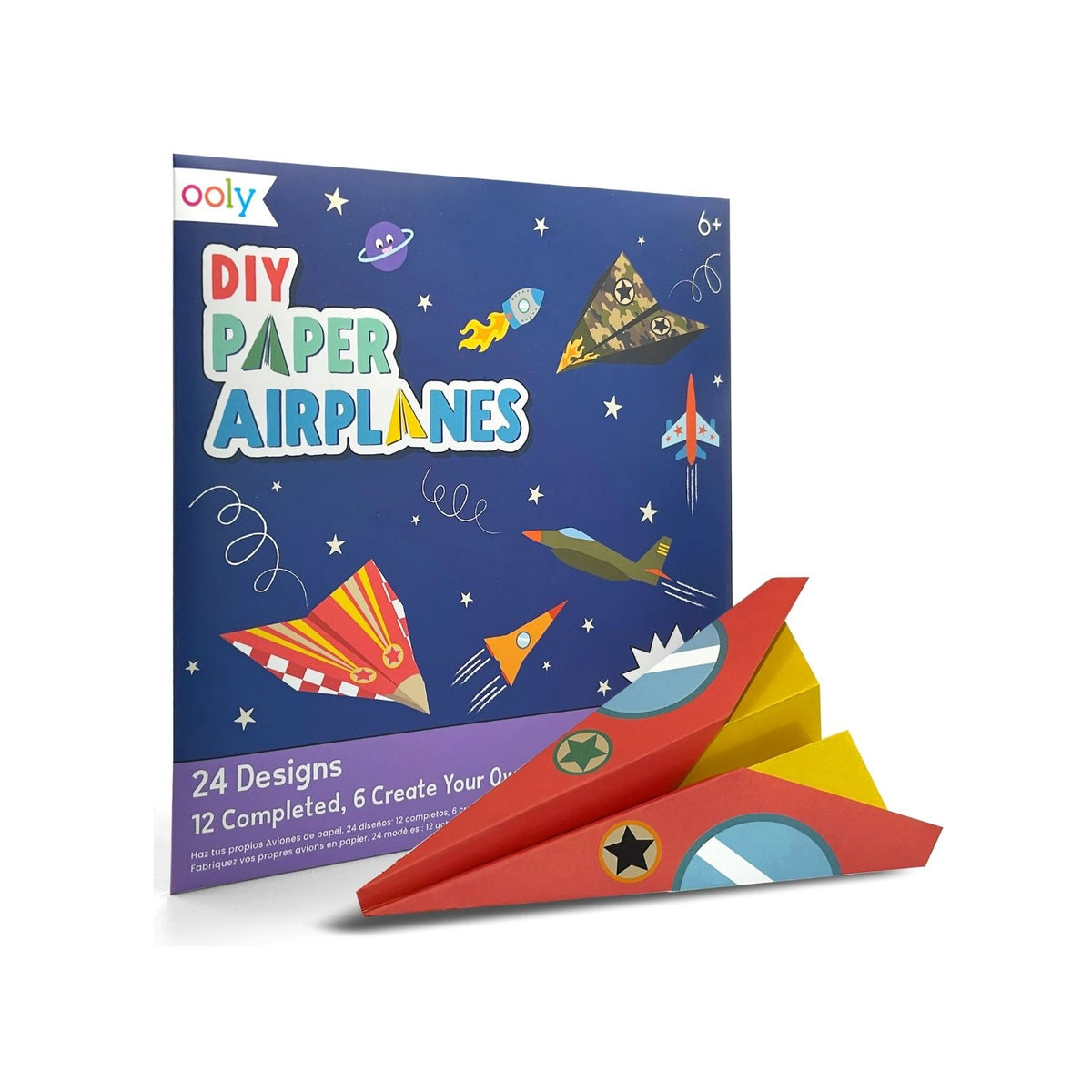 Packaging for DIY Paper Airplanes Activity Kit with illustrations of various colored paper airplanes and space-themed decorations.