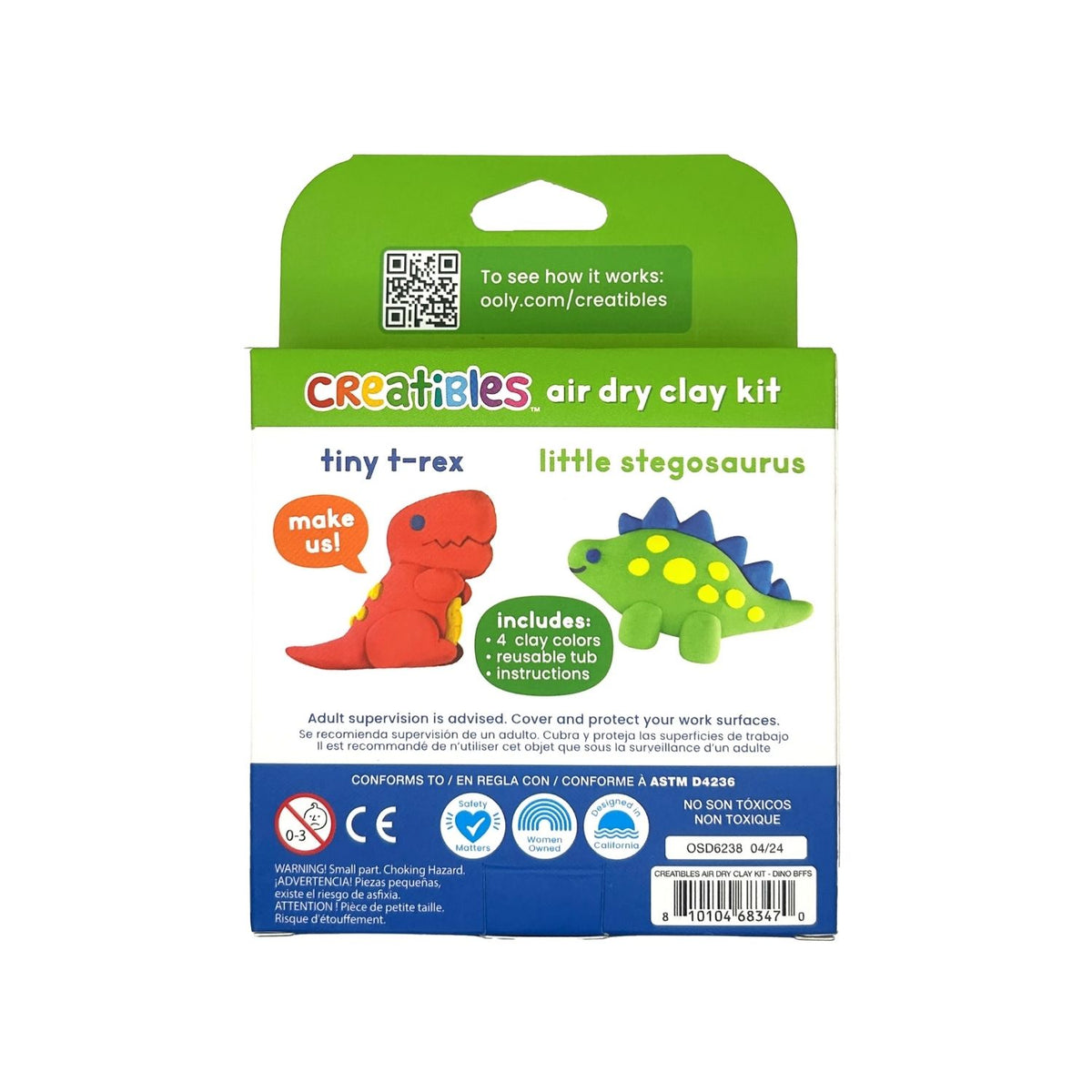 Packaging of Creatibles Mini Air Dry Clay Kit with colorful clay pieces and a dinosaur friend design.