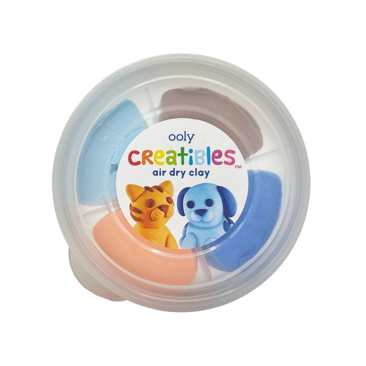 Packaging of Creatibles Mini Air Dry Clay with the theme &#39;Pet BFFs&#39;, featuring images of an orange kitten and a blue dog, and a reusable tub encasing four colors of clay.