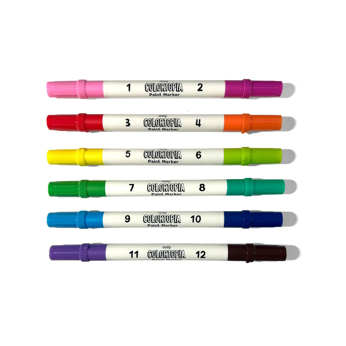 Set of 12 Colormaster paint markers with colorful caps on a white background
