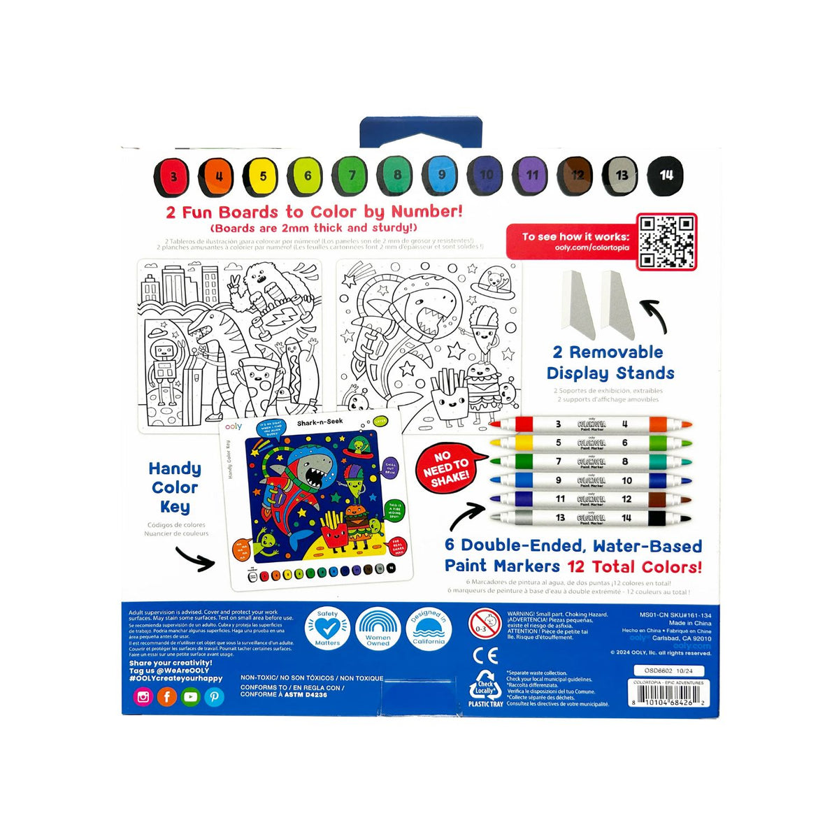 Coloring set packaging with markers, boards, and stands on a white background