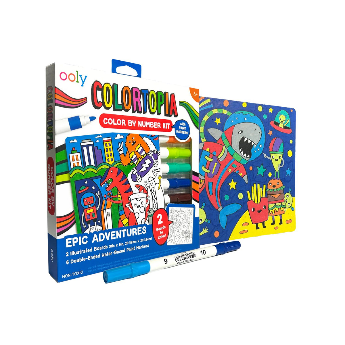Color by number kit with coloring book and markers on a white background