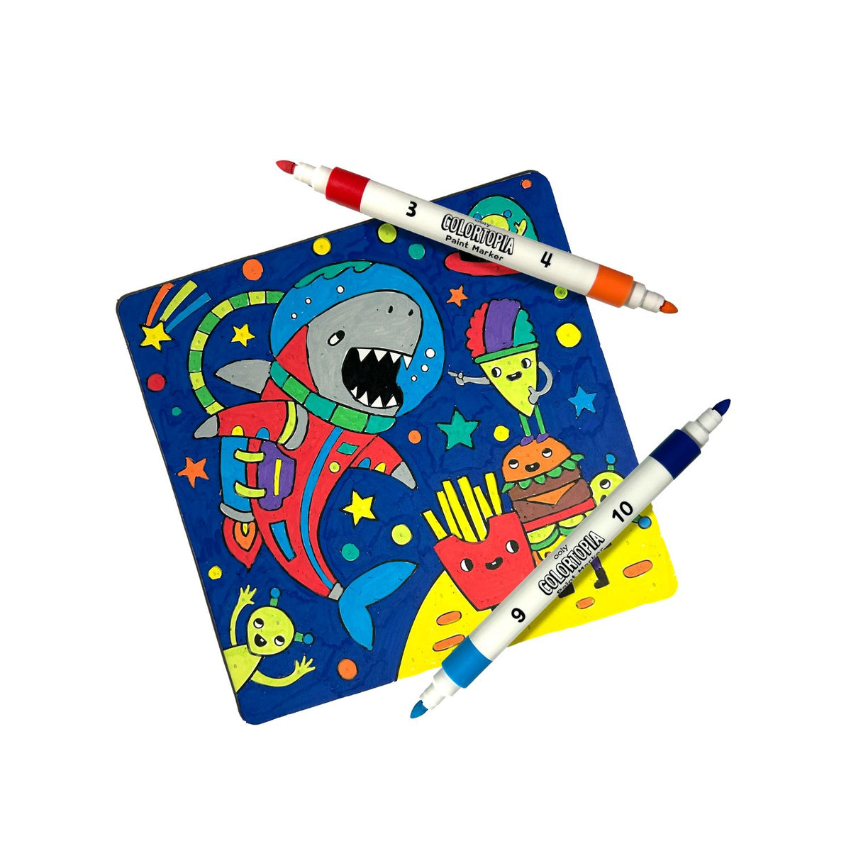 Coloring book with cartoon illustrations and three markers on a white background
